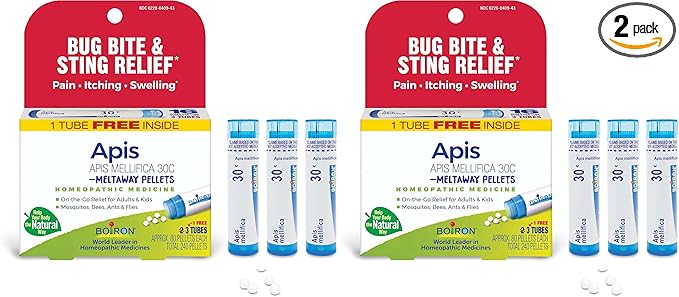 Boiron Apis Mellifica 30C Homeopathic Medince for Relief from Pain, Itching, and Swelling of Bug Bites or Stings - (240 Pellets), 3 Count (Pack of 2)