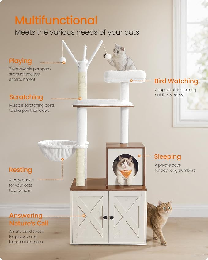 Feandrea Cat Tree with Litter Box Enclosure, 59-Inch Modern Cat Tower | 2-In-1 Condo with Scratching Posts, Washable Removable Cushion, Rustic White and Honey Brown UPCT113W201