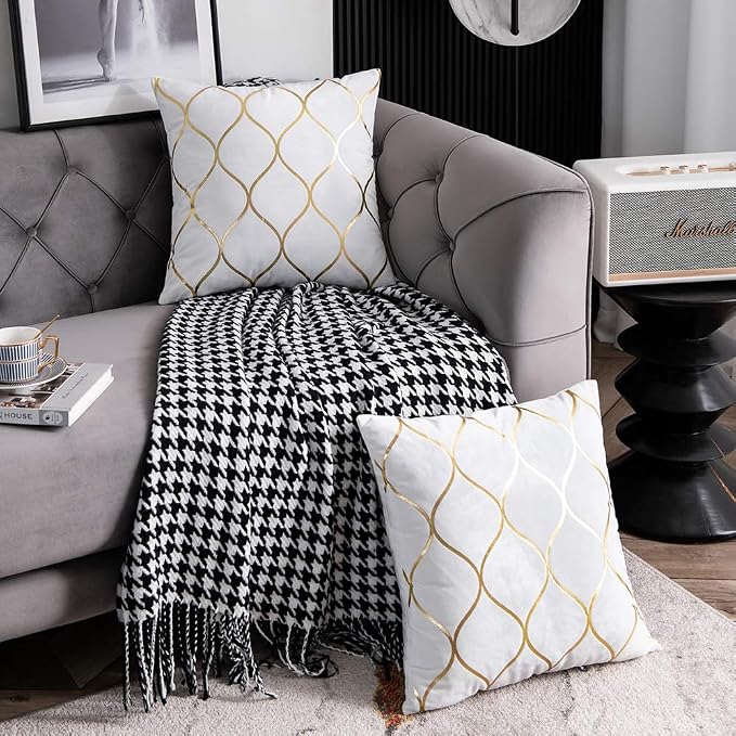 Gold Velvet Euro Sham Pillow Covers Off White: 2 Pack 26x26 Inch Square Decorative Pillow Cases for Bedroom Sofa Couch Living Room