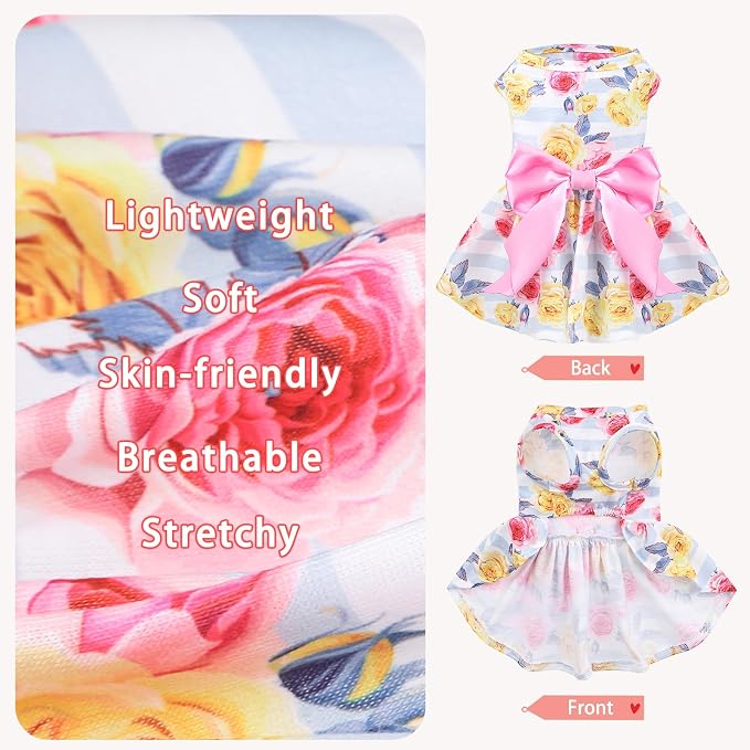 PUPTECK Floral Dog Dress with Bow Soft Cute Dog Clothes for Spring Stripe | Puppy Doggie Cat Pet Clothes Outfit Apparel Costume for Party Holiday Birthday Wedding Photoshoot for Small Medium Large Dogs