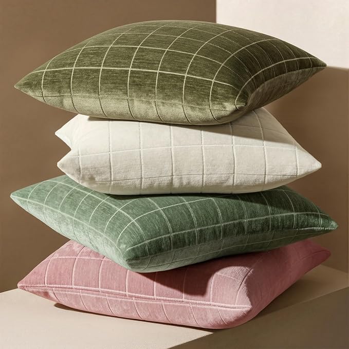 MIULEE Olive Green Plaid Decorative Throw Pillow Covers 18x18 Set of 2 | Vintage, Check Chenille Couch Pillows, Neutral Boho Farmhouse Cushion Covers, Modern Home Decor for Sofa Bed Living Room