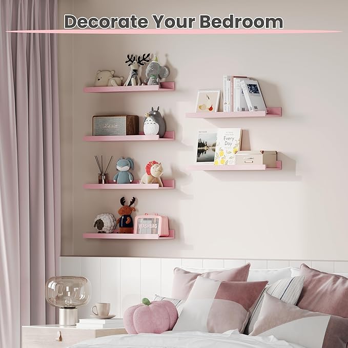 upsimples Floating Shelves for Wall Decor and Storage, Pink, 6Pcs 15.7'' | Wall Mounted Wood Shelves for Living Room, Bedroom, Bathroom, Kitchen, Office, Laundry Room Display and Organize
