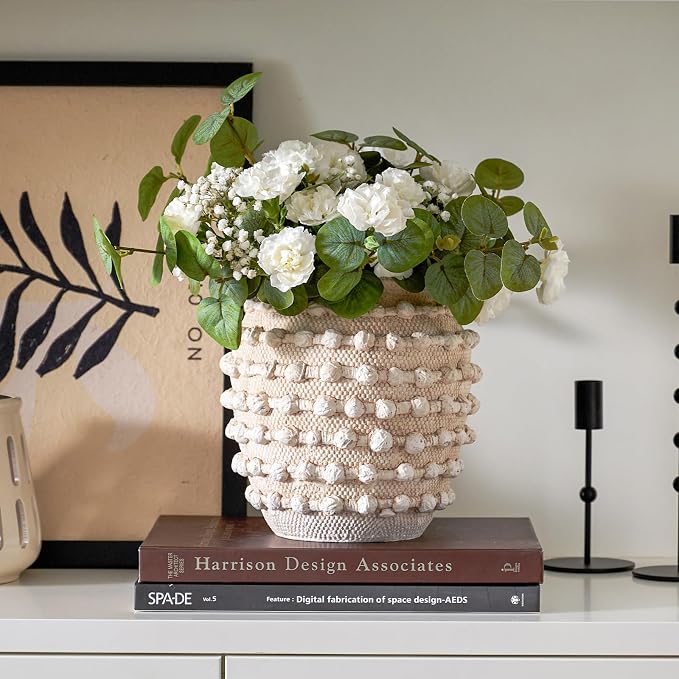 DN DECONATION Beige Flower Vase, 8.2" Farmhouse Boho Vase for Home Decor | Textured Rustic Vase, Cement Decorative Vases with Rope Knots for Living Room, Table Centerpiece, Shelf, Mantel Decoration