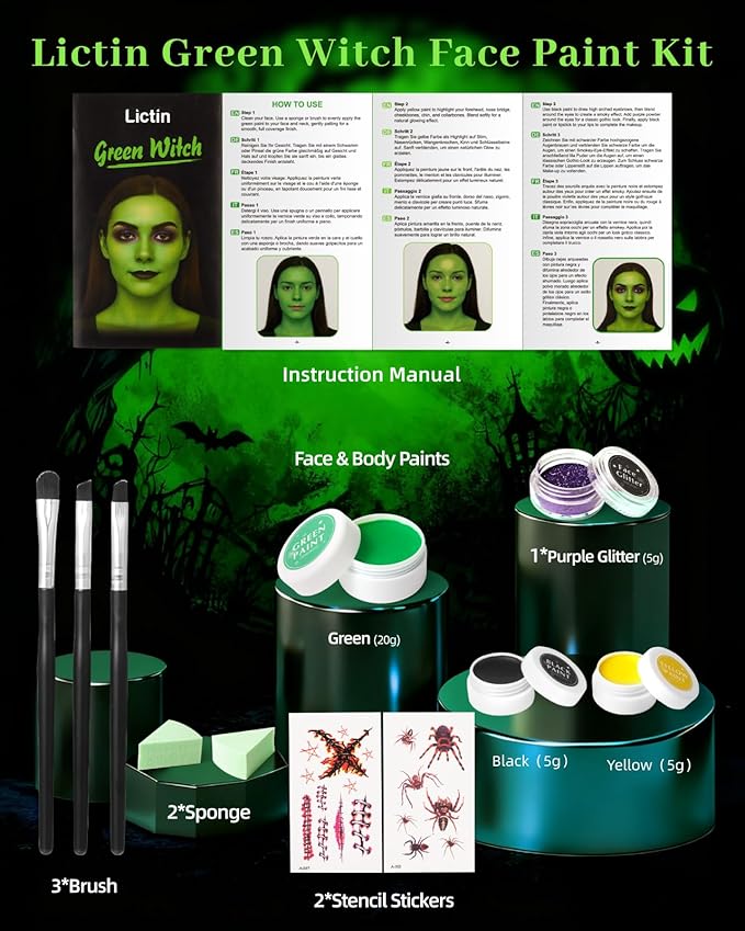 Halloween Green Witch Makeup Kit - Lictin Complete Witch Green Face Paint with Purple Glitter, Professional Witch SFX Make Up Kit for Halloween, Costume, Cosplay, Carnivals for Adults & Kids