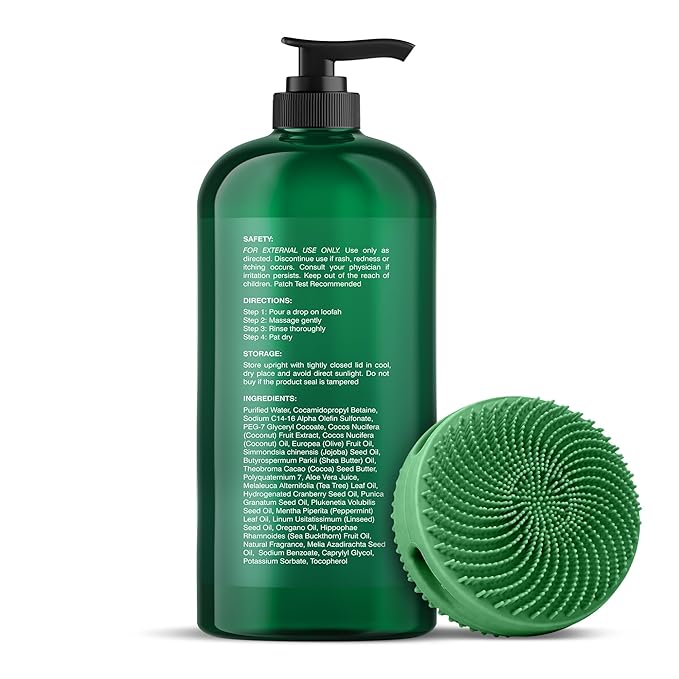 Botanic Hearth Tea Tree Body Wash with Silicone Dual-Sided Design Body Brush & Scrubber | Infused with 100% Pure Tea Tree Oil, Coconut, Jojoba |Foot & Body Cleanser | Paraben Free |16 fl oz
