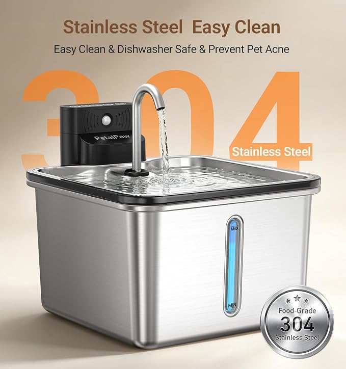 Wireless Cat Water Fountain, Water & Battery Separation, Faucet Design | PETALPAW Cat Fountain Stainless Steel, 4000mAh, 3.5L Cordless Pet Water Dispenser for Indoor Cats & Small Dogs, Silver