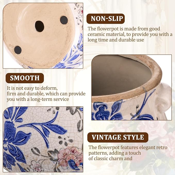 Ceramic Scroll Planter 6.5 Inch Chinoiserie Floral Vase with Drainage Holes Vintage Flower Vase Flower Pot Rustic Ceramic Pots for Indoor Plants Garden Home Bookshelf Decor(Blue, Red)