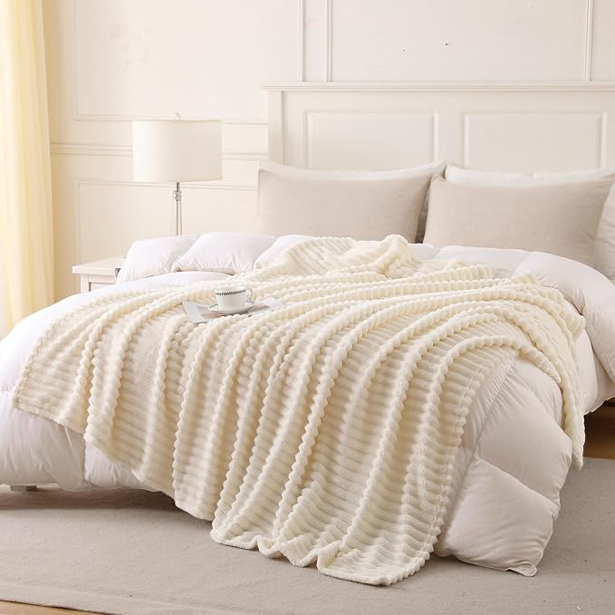 Beige Throw Blanket for Couch Sofa 50”x60” Striped Design | Fleece Blankets Room Home Decor Lightweight Plush Soft Cozy Gifts for Women Mom