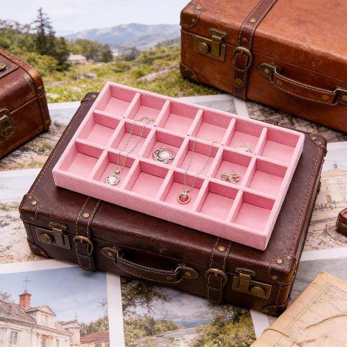 Velvet Jewelry Organizer Trays Pink 18 Grids | Stackable Jewelry Storage Display Tray with Removable Dividers for Drawers