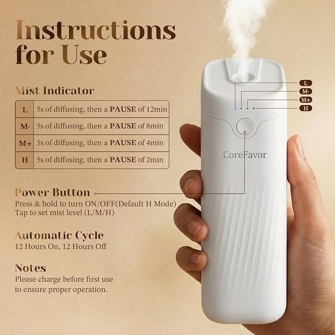 Waterless Essential Oil Diffuser (M60) with 2x120ml Oil, Portable Battery-Operated Cold Air Aroma Scent Machine, 4 Adjustable Intensity Levels, Quiet Diffuser for Bedroom Office Bathroom Car