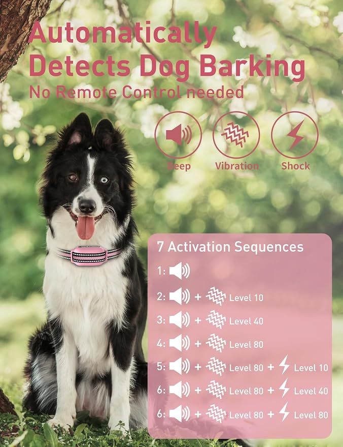 2-in-1 Bark and Shock Collar for Dogs, Automatic Bark Collar | Smart Anti Barking Dog Training Collar with 5 Adjustable Sensitivity, Vibration, Beep, Shock and Automatic (Pink)