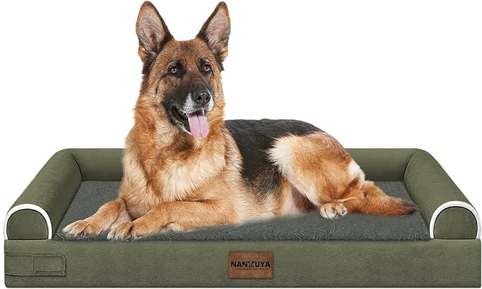 Orthopedic Dog Bed for Jumbo Dogs, 48 x 33 Inch, Dark Green | Egg crate foam for joint support, 3-sided bolster pet sofa, waterproof lining, washable cover, and non-skid base
