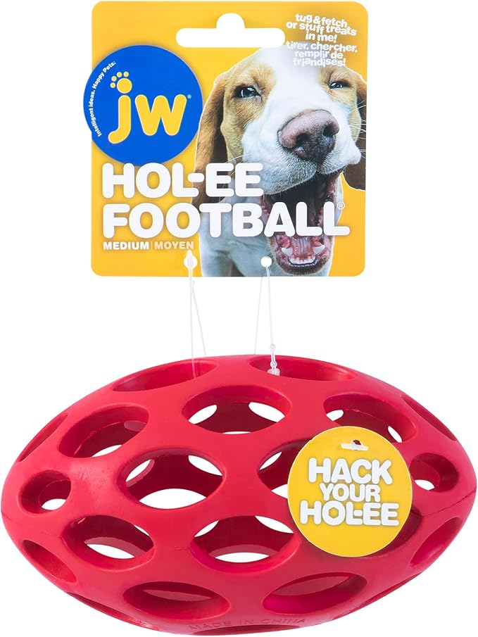 JW Pet HOL-ee Football Dog Puzzle Ball, Medium 6.5in, Natural Rubber Toy