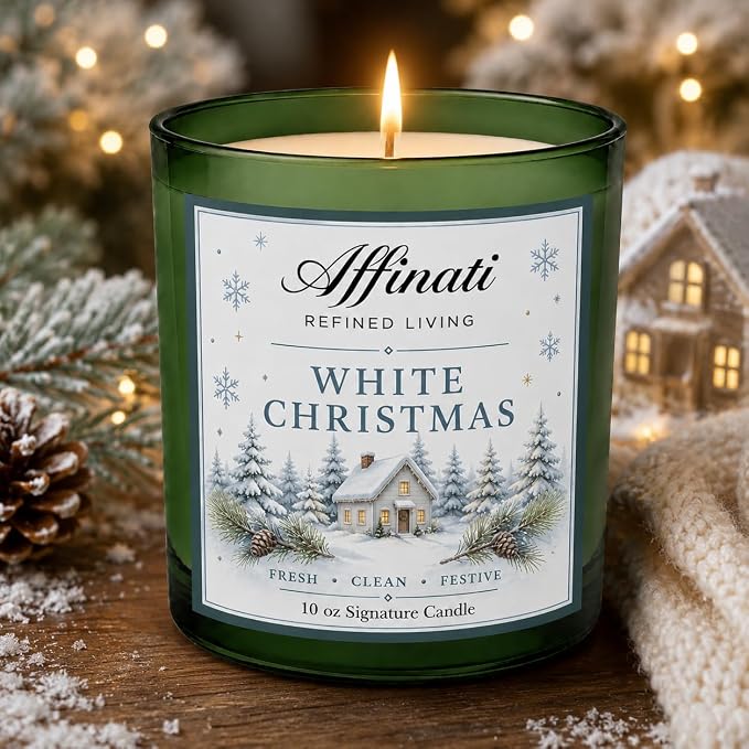 Affinati White Christmas 10 oz Scented Candle – Long Lasting Holiday Soy Blend Candle for Home, Strong Scent Throw Crisp Evergreen Pine Winter Candle, Premium Clean Burning Festive Gift