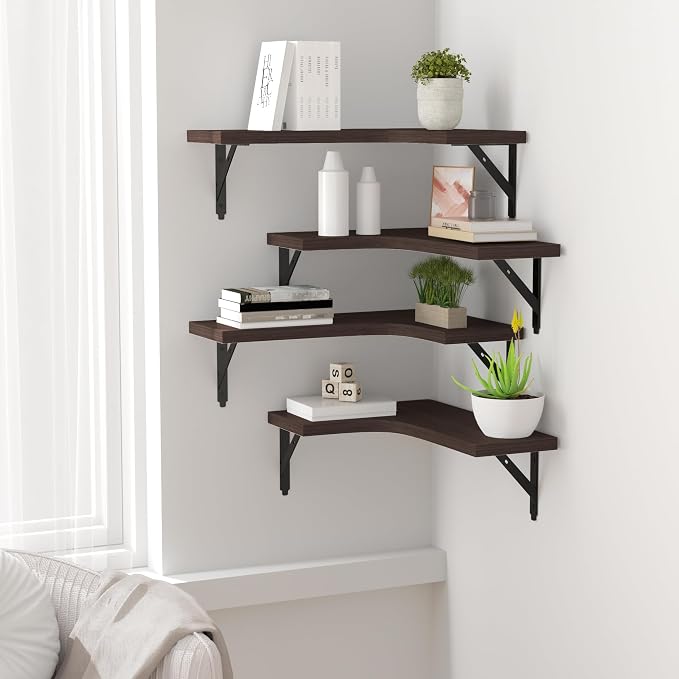 ROMGUAR CRAFT Corner Floating Shelves Wall Mounted Set of 4, Rustic Wood Storage Display Shelves for Home Decor, Bathroom, Kitchen, Bedroom, Living Room, Office (Brown)