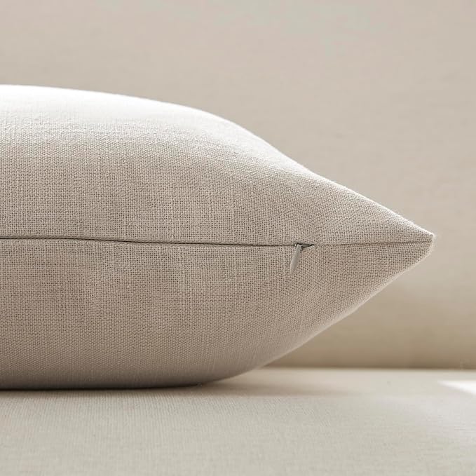 Meekio Set of 2 Soft Beige Throw Pillow Covers 20x20, Modern Farmhouse Linen Blend Decorative Pillow Covers for Couch Sofa Bed, Neutral Home Decor