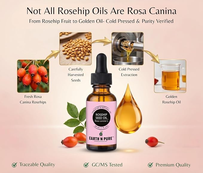 Earth N Pure Rosehip Seed Oil | 100% Pure Natural Cold Pressed Carrier Oil | Premium Quality for Face, Hair, Skin, Nails, Body Massage & DIY Beauty Care | Hexane Free | 15ml