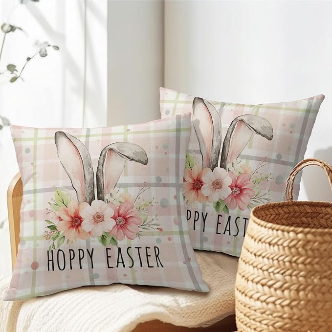 Easter Bunny Floral Pillow Covers 24X24 Inch Spring Pink Buffalo Plaid Decorative Pillow Cases Rabbit Flower Throw Pillows Set of 2 Seasonal Modern Farmhouse Home Decor for Sofa Couch Outdoor