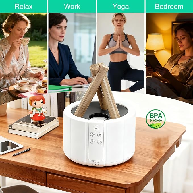 Campfire Flame Diffuser for Essential Oils, 250ml Ultrasonic Cool Mist Aromatherapy Humidifier with Remote Control, 7-Color LED Lights, Timer & Auto-Off for Home, Office & Bedroom (White)