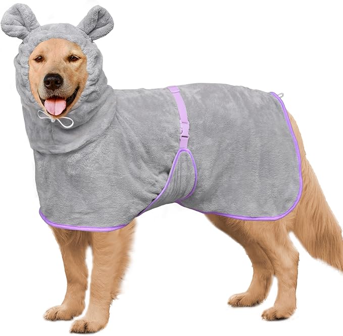 Dog Bathrobe Super Absorbent Towel Robe - Microfiber Bath Towels Fast Drying Coat for Dogs, Cute Dogs Clothes Adjustable Collar & Belly Strap Warm Keeping Hooded Dog Towel (Grey, X-Large)