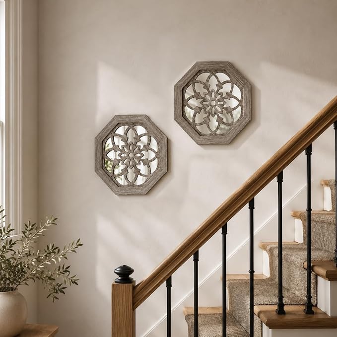 2 Pack 12 Inch Octagon Brown Rustic Wood Frame Acrylic Wall Mirrors, Farmhouse Boho Wall Art Decor for Living Room, Bedroom, Hallway, Entryway, Bathroom & Office