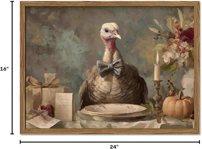 Funny Turkey Wall Art, Whimsical Rustic Bird Wall Decor Painting Cottagecore Animal Canvas Prints Artwork for Living Room Bedroom Bathroom 16x24 inch Wood Framed