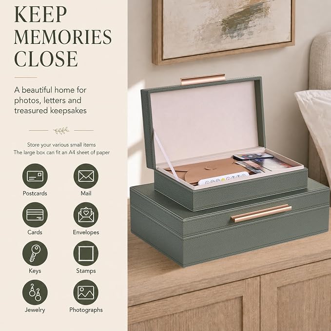 Decorative Box, Decorative Boxes with Lids 2-Set, Memory Box for Keepsakes | Beautiful PU Leather Decorative Storage Boxes in Style, Decor Box with Rose Metal Handle, Store Photos, Documents Green