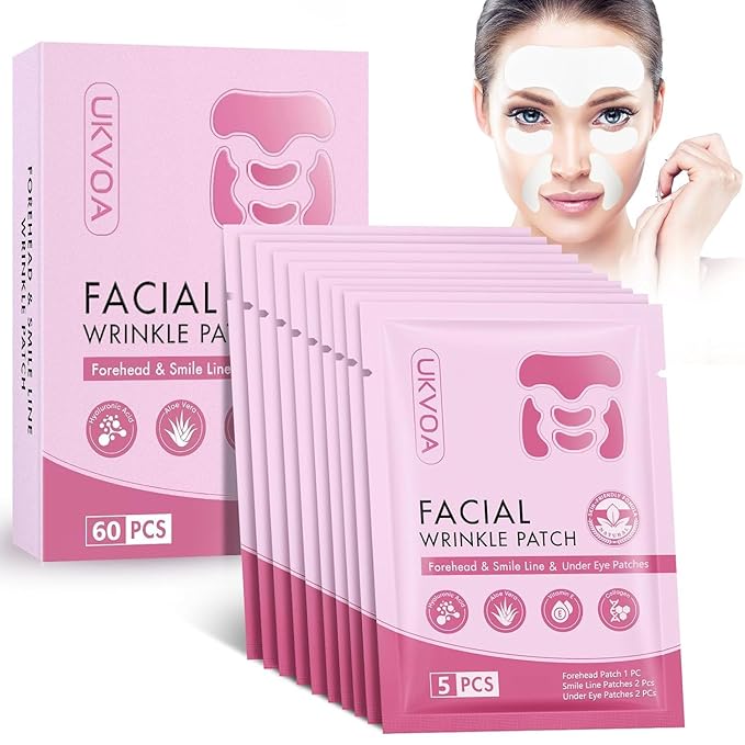 UKVOA Forehead Wrinkle Patches & Smile Line Patches & Under Eye Patches, Overnight Facial Wrinkle Treatment with Hyaluronic Acid, Aloe, Collagen & Vitamin E to Lift Smile Lines for Women 60pcs
