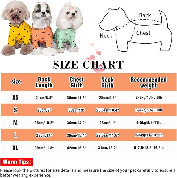 Pet Clothes for Small Dogs Cat Summer Fall Heart Print Shirt Stretchable Ruffle Long Sleeve Outfits for Chihuahua Schnauzer Shih Tzu Yorkie (Orange, Large)