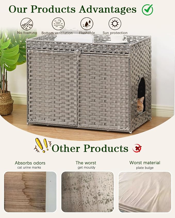 SETVSON Cat Litter Box Enclosure Furniture, Handwoven PE Rattan, Gray | Large Double-Door PE Rattan Kitty House, Fits Large Covered Litter Boxes, 2 Litter Mats, 2 S-Hooks, Metal Frame