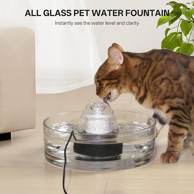All Glass Cat Water Fountain, 90OZ/2.7LGravity Pet Water Dispenser Automatic Dog Drinking Fountains Water Bowl with Replacement Filter, Foam Filter and Ultra-Quiet Pump