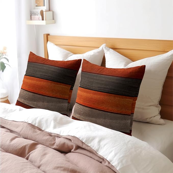 Kawani Wood Grain Throw Pillow Covers 18x18 Inch, Orange Brown Wooden Board Square Pillowcase Set of 2, Farmhouse Cotton Linen Cushion Covers for Couch Sofa Bed Bedroom Car Living Room