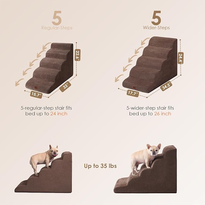 EHEYCIGA Curved Dog Stairs Ramp, 5-Step Extra Wide High Beds, Dog Steps | 33D density of pure foam, for Small Dogs and Cats, Pet Stairs for High Bed Climbing, Non-Slip Balanced Indoor, Brown