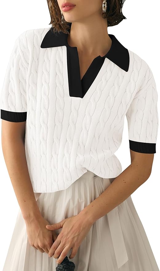 Micoson Womens Short Sleeve Sweater Tops Lapel V Neck Polo Shirts 2026 | Summer Cable Knit Loose Blouses, Business Casual Outfits