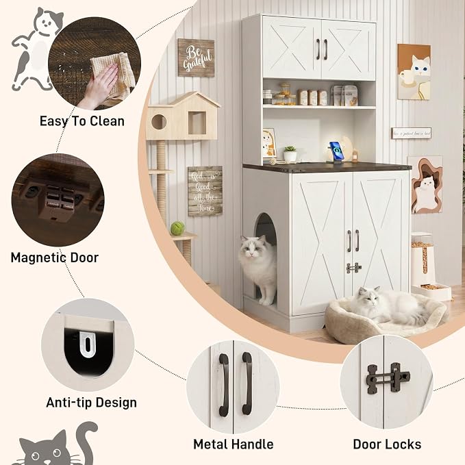 71Inches Tall Cat Litter Box Enclosure for Cats W/Power Outlets,Open Shelves.Wooden Pet Washroom Furniture W/Locks,Cabinet.Indoor Cats House,Hidden Cat Litter Box for Living Room,Bedroom(White-2)