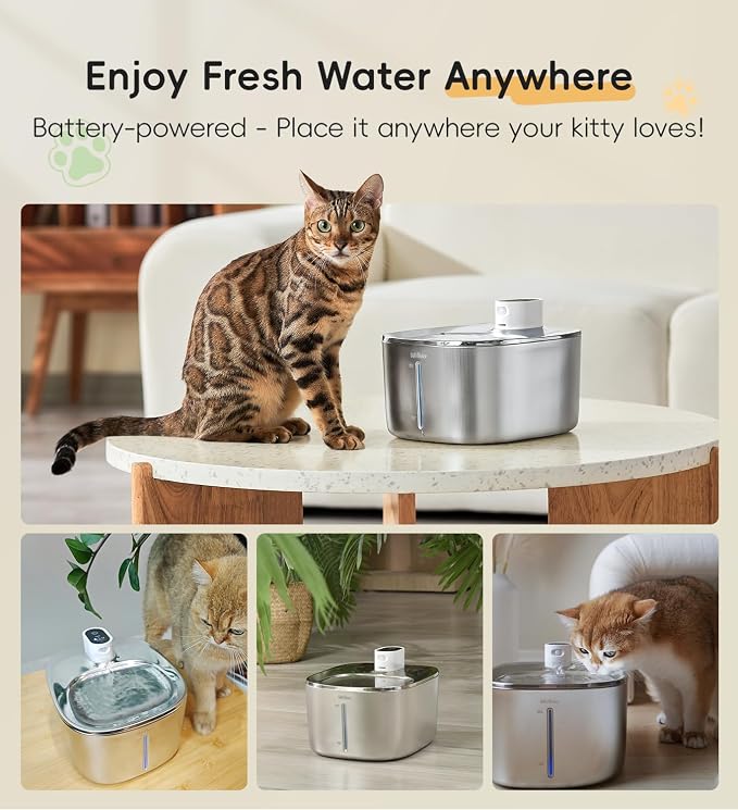 Cat Water Fountain Stainless Steel, 138fl.oz / 4.1L Cordless Cat Fountain | Wireless Pet Fountain; 4000mAh Battery; Indoor; Triple Water Modes; 25 dB Ultra-Quiet