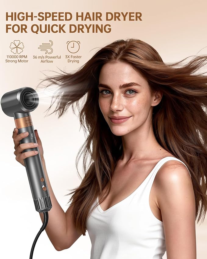 Hot Air Brush Hair Styler, 6 in 1 Hair Dryer Brush Auto Wrap Curlers Frizz-Free Styling Tool for All Hair Types Fast Drying, Curling, Smoothing, Volumizing & Straightening with Negative Ion