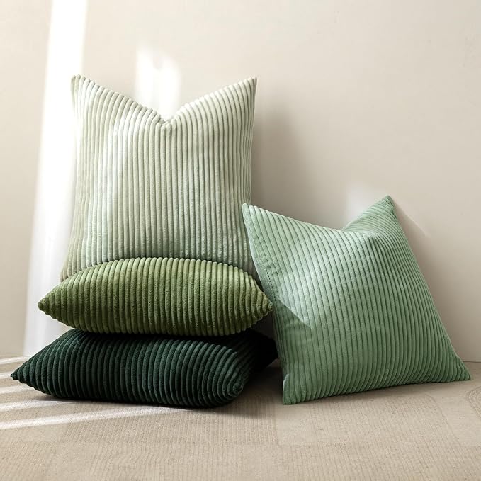 MIULEE Soft Corduroy Decorative Throw Pillow Covers Forest Green 22x22 | Set of 4, Mordern Nordic Home Decor, Gradient Color Matching, Boho Farmhouse Cushion Covers for Couch Bed Sofa Living Room