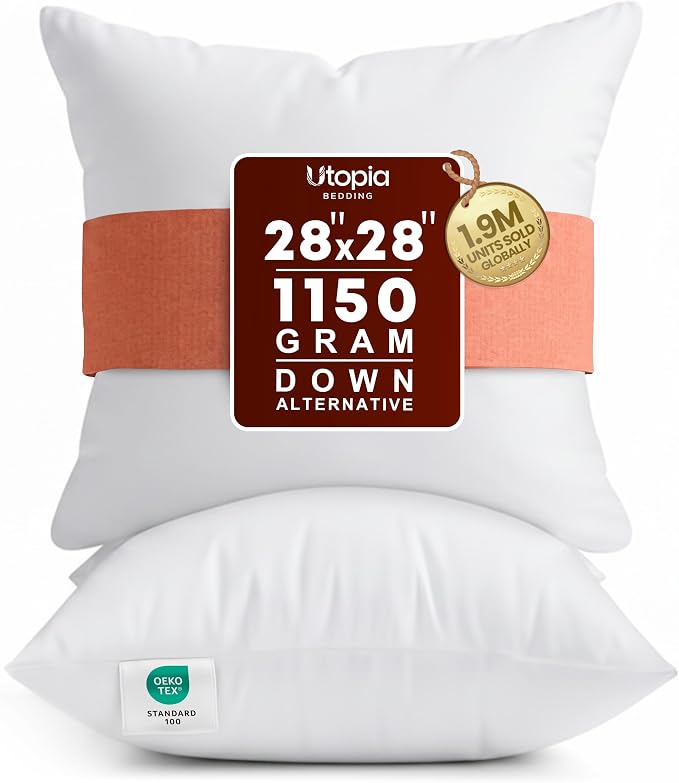 Utopia Bedding 28x28 Pillow Inserts, White Throw Pillows for Couch, 2 Pack | Indoor cushion inserts for bed, sofa & couch, Supportive & fluffy decorative pillows for everyday comfort, Set of 2, White
