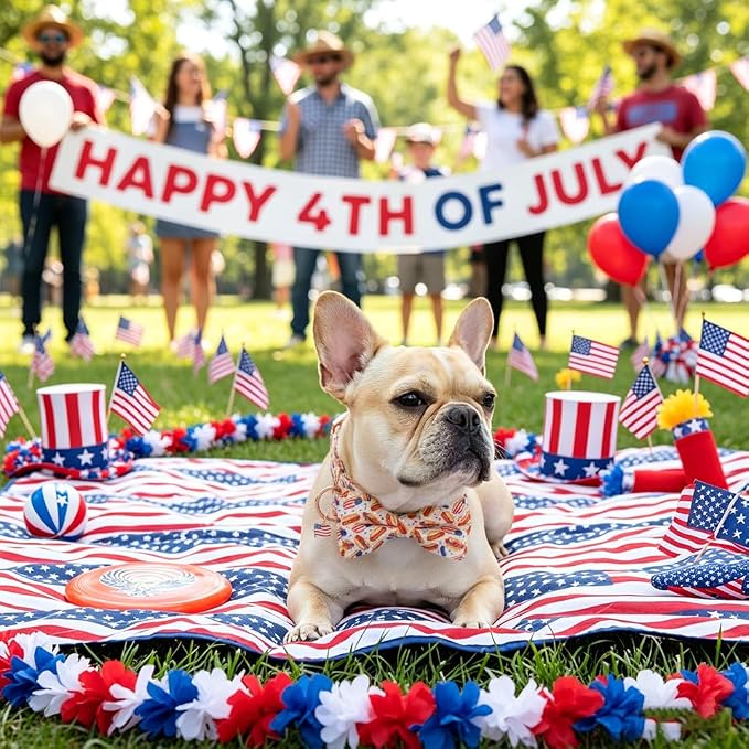 ADOGGYGO 4th of July Dog Collar with Bow Tie, Detachable Patriotic Hot Dog Print Bowtie, Adjustable American Flag Collar for Medium Dogs (M)