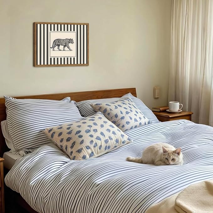 Vintage Tiger Wall Art Wildlife Wall Decor Pictures Black and White Stripe Jungle Animal Poster Canvas Painting Print for Bedroom Living Room Bathroom 12x16 inch Wood Framed