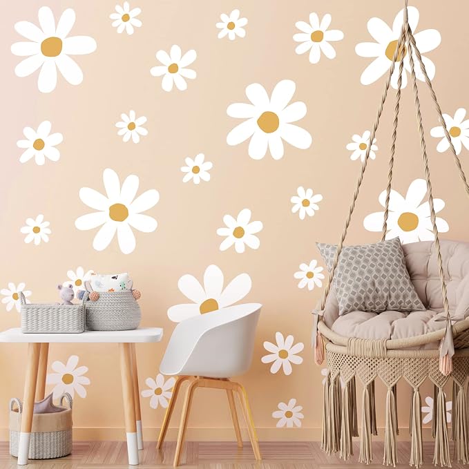 TaoBary 12 Sheet Daisy Wall Sticker Decal,White, Yellow,Cute Style | Big Flower Wall Sticker, Pink White Floral Decal, Daisy Bedroom Room Decor, Removable Peel and Stick, Nursery Home Wall Decor