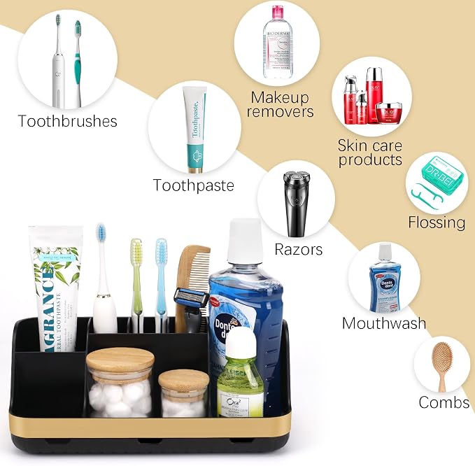 GFWARE Gold Toothbrush Holders for Bathrooms Countertop Organizer - Detachable 7 Slots Electric Toothbrush and Toothpaste Holder, Kids Organization and Storage, Restroom Accessories Vanity Stuff