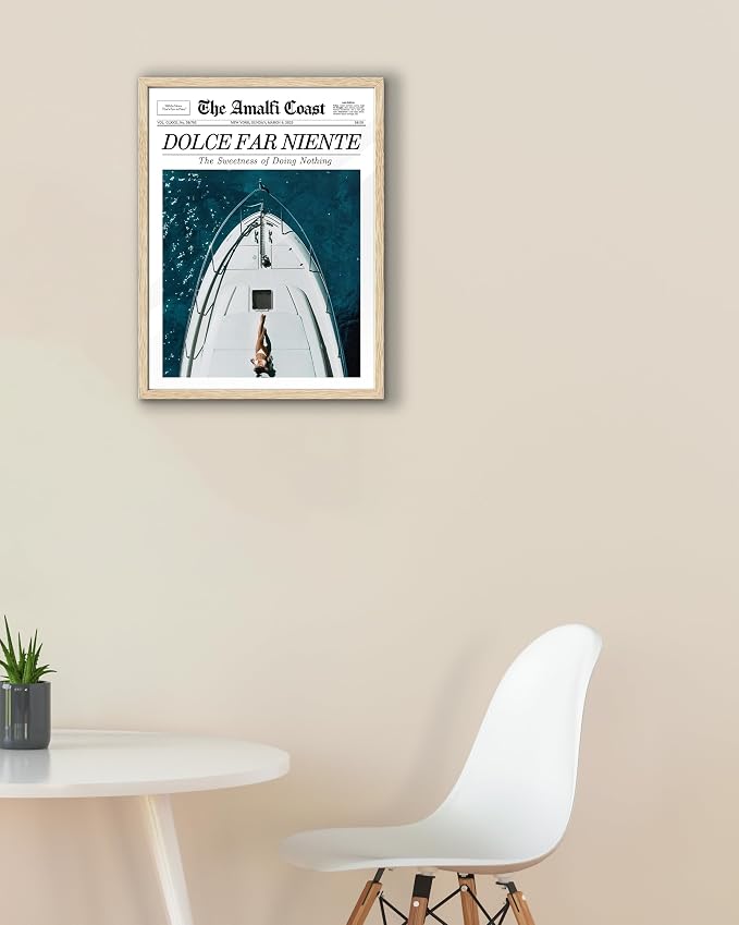EcoHest 12x16 in Dolce Far Niente Newspaper Framed Wall Art | Natural Oak Wood Frame, Canvas Wall Art, Italian Summer Newspaper Decor for Living Room, Bedroom, Apartment, Dorm Room, 1Pack
