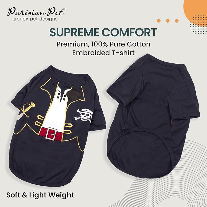 Parisian Pet Captain Sparrow Dog Costume - 100% Cotton Black Dog Clothes for Large Dogs Boys - Lightweight Puppy Outfits - Funny French Bulldog Clothes - Pirate Pet Shirt - Stretchy T Shirt for Dogs