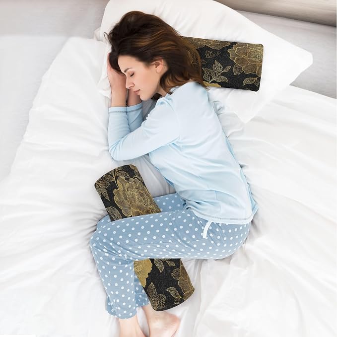 Gold Peony Neck Roll Pillow Bolster Round Health Memory Foam Long Cervical Cylinder Pillows with Removable Washable Cover for Body Bed Legs Back Yoga