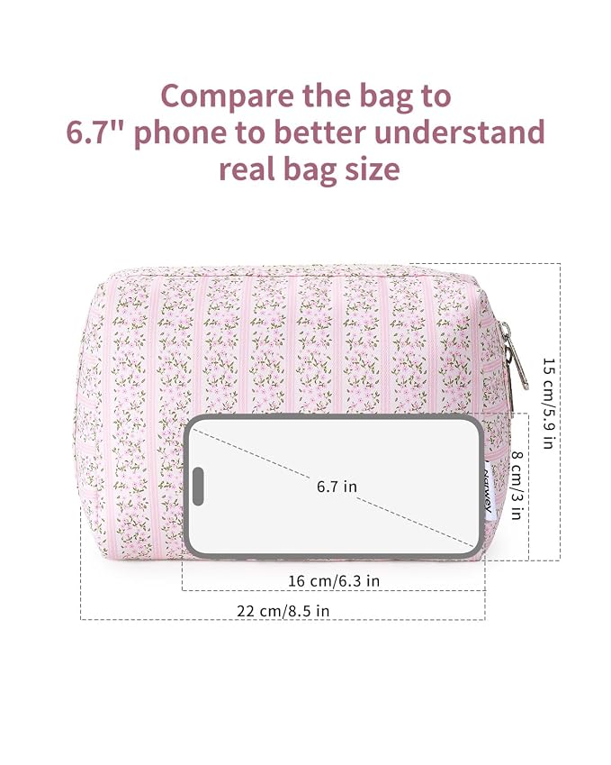 Narwey Cute Floral Makeup Bag Travel Cosmetic Bag Organizer Toiletry Bag Make Up Bags with Compartments for Women Girls (Pink Flower Buds, Large)