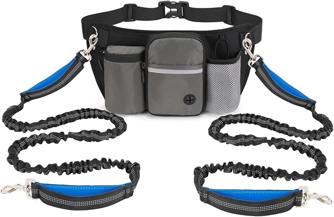 Dog Treat Pouch for Training – Hands-Free Waist Belt with Built-in Poop Bag Dispenser, Water Bottle Holder & Phone Pocket, Includes Reflective Bungee Leash (Gray)