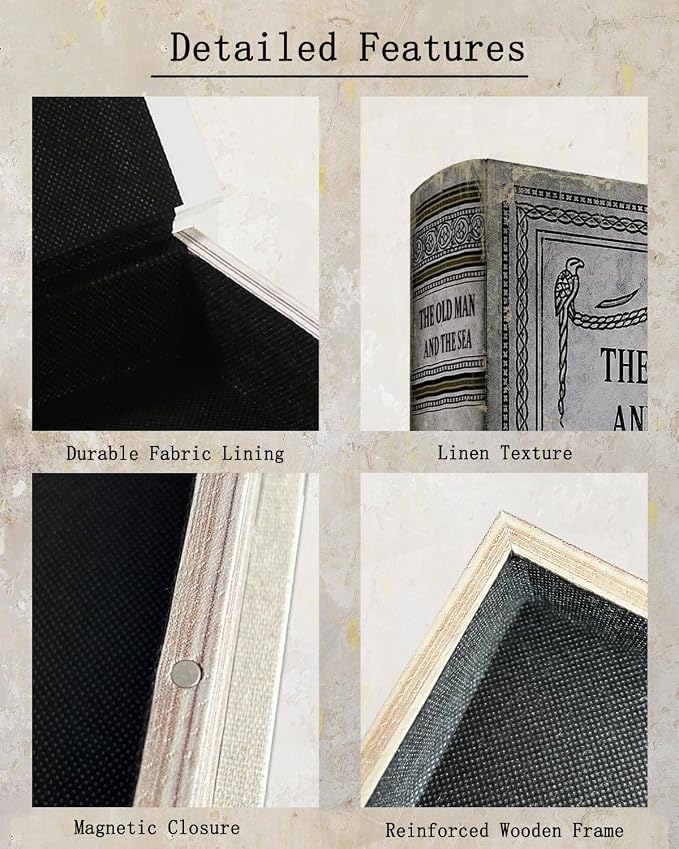 Vintage Faux Leather Decorative Book Box – Wooden Secret Storage Box with Magnetic Closure, Hidden Organizer for Bookshelf, Desk, or Office Decor (The Old Man and The Sea)