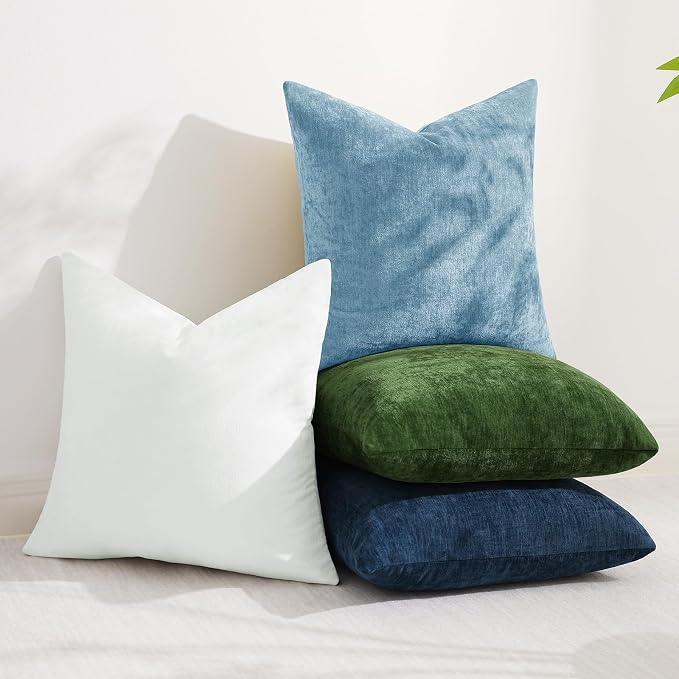 decorUhome Soft Chenille Grey Blue Throw Pillow Covers 24X24 Set of 2 | Decorative Fall Couch Pillow Covers Solid Dyed Accent Modern Euro Sham Farmhouse Neutral Square Pillow Cases for Sofa